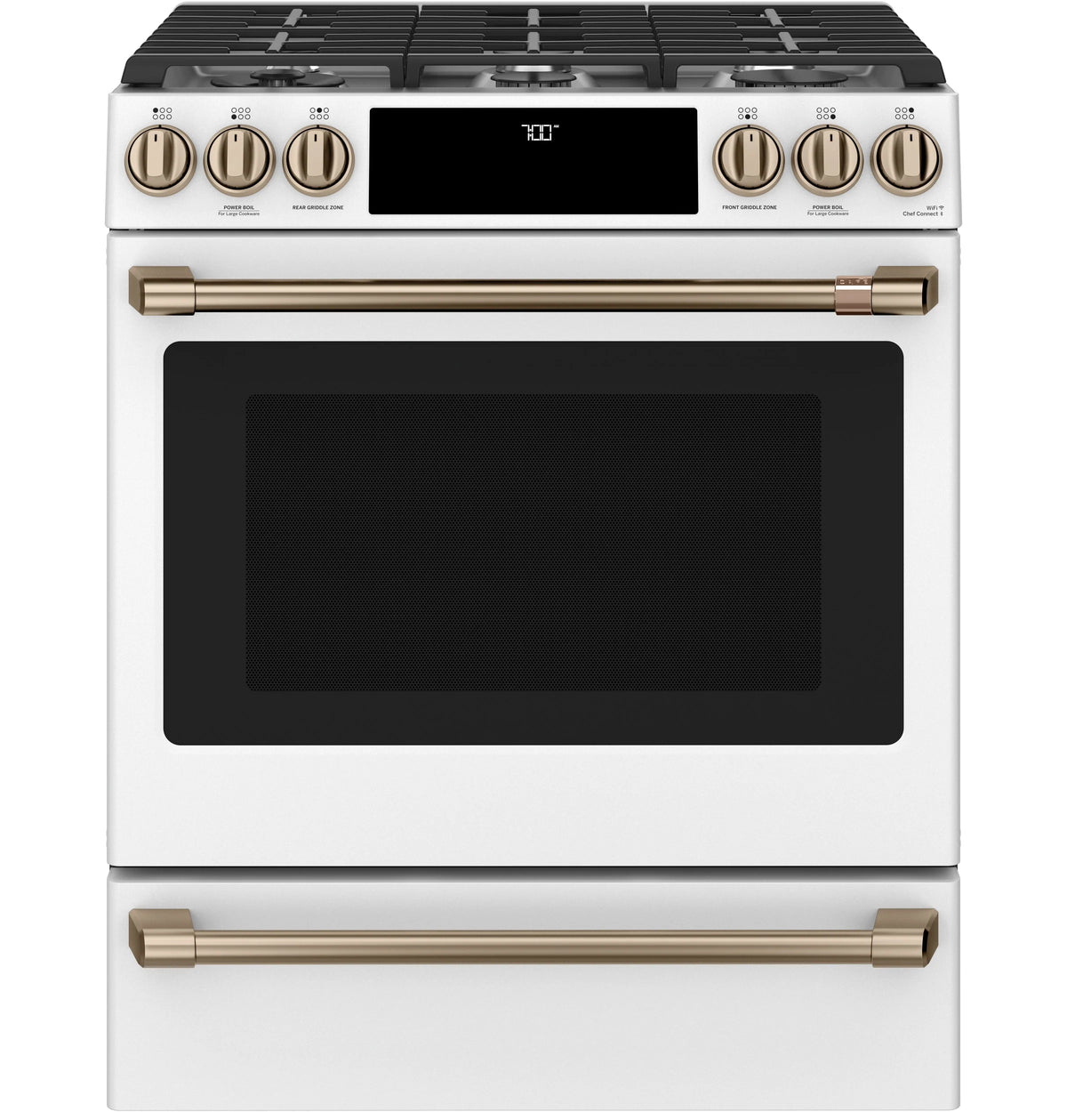 Cafe CGS700P4MW2 Café 30" Smart Slide-in, Front-control, Gas Range With Convection Oven Matte White