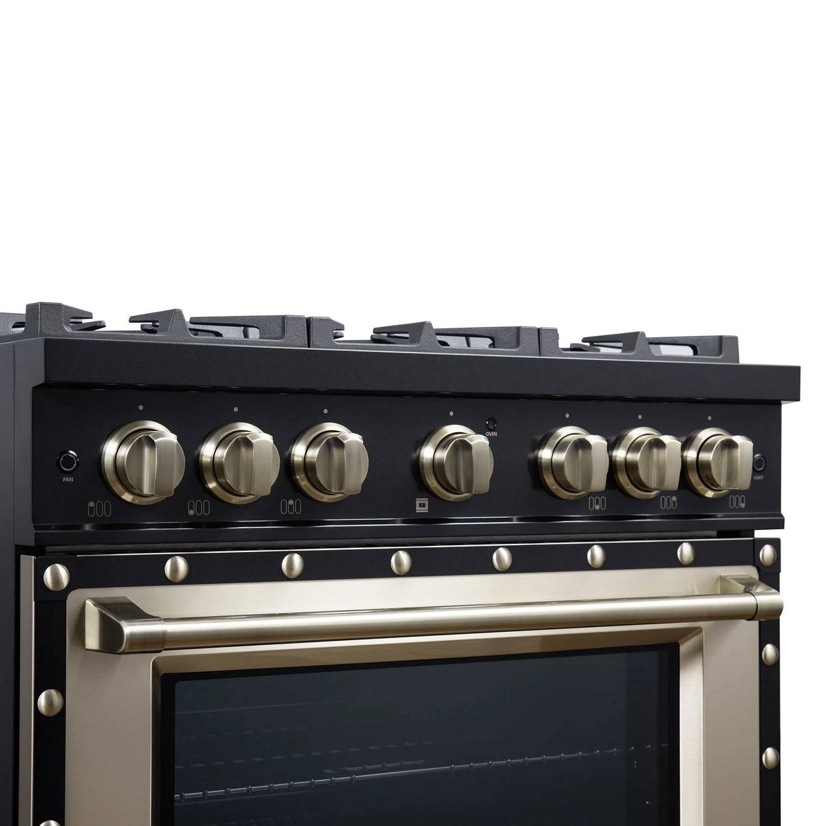 Forno Valente 36-Inch Dual Fuel Range, 71,000 BTU, 5.2 Cu. Ft. Convection Oven, Black with Antique Brass Handle and Copper Trim (FFSGS6199-36CPBLK)