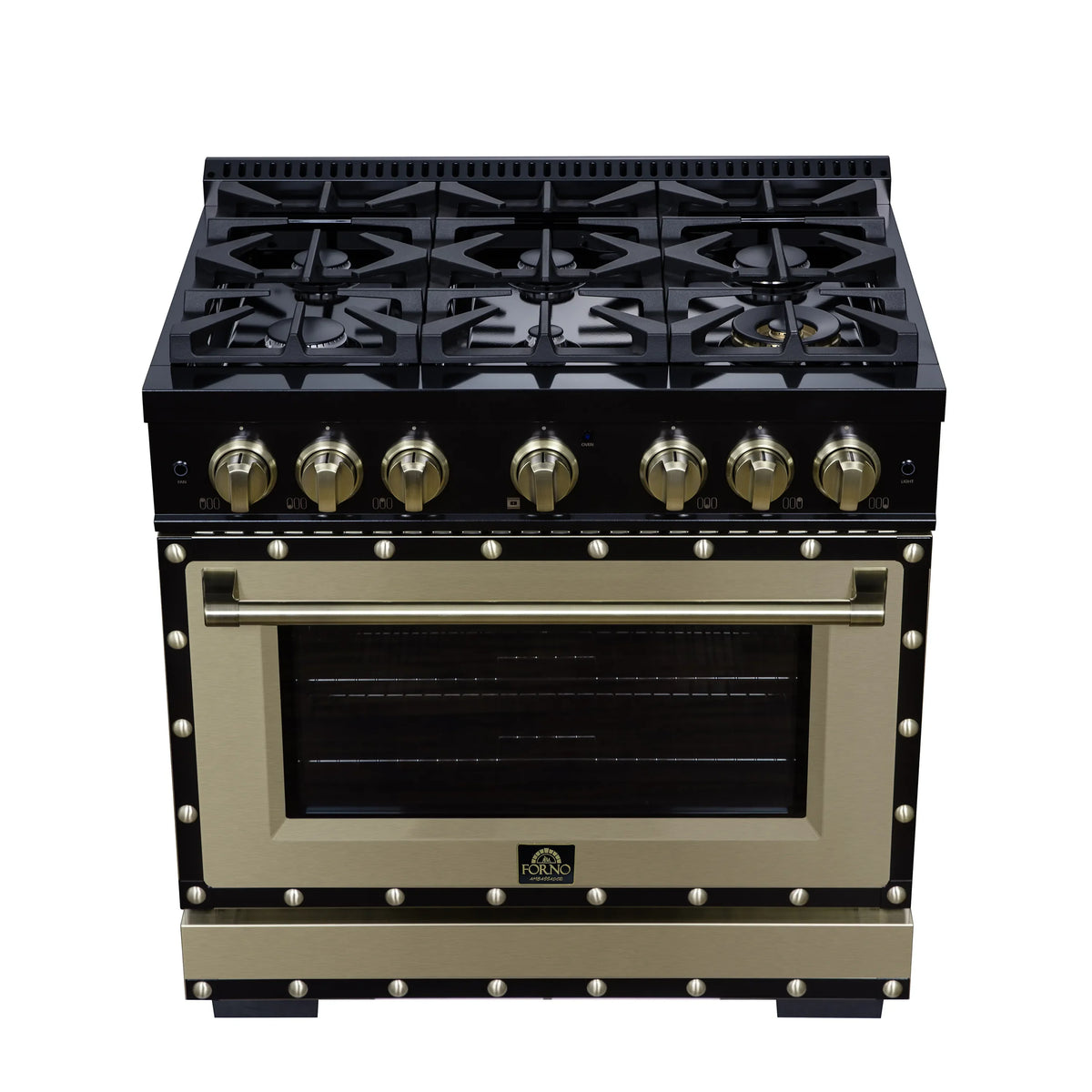 Forno Valente 36-Inch Dual Fuel Range, 71,000 BTU, 5.2 Cu. Ft. Convection Oven, Black with Antique Brass Handle and Copper Trim (FFSGS6199-36CPBLK)
