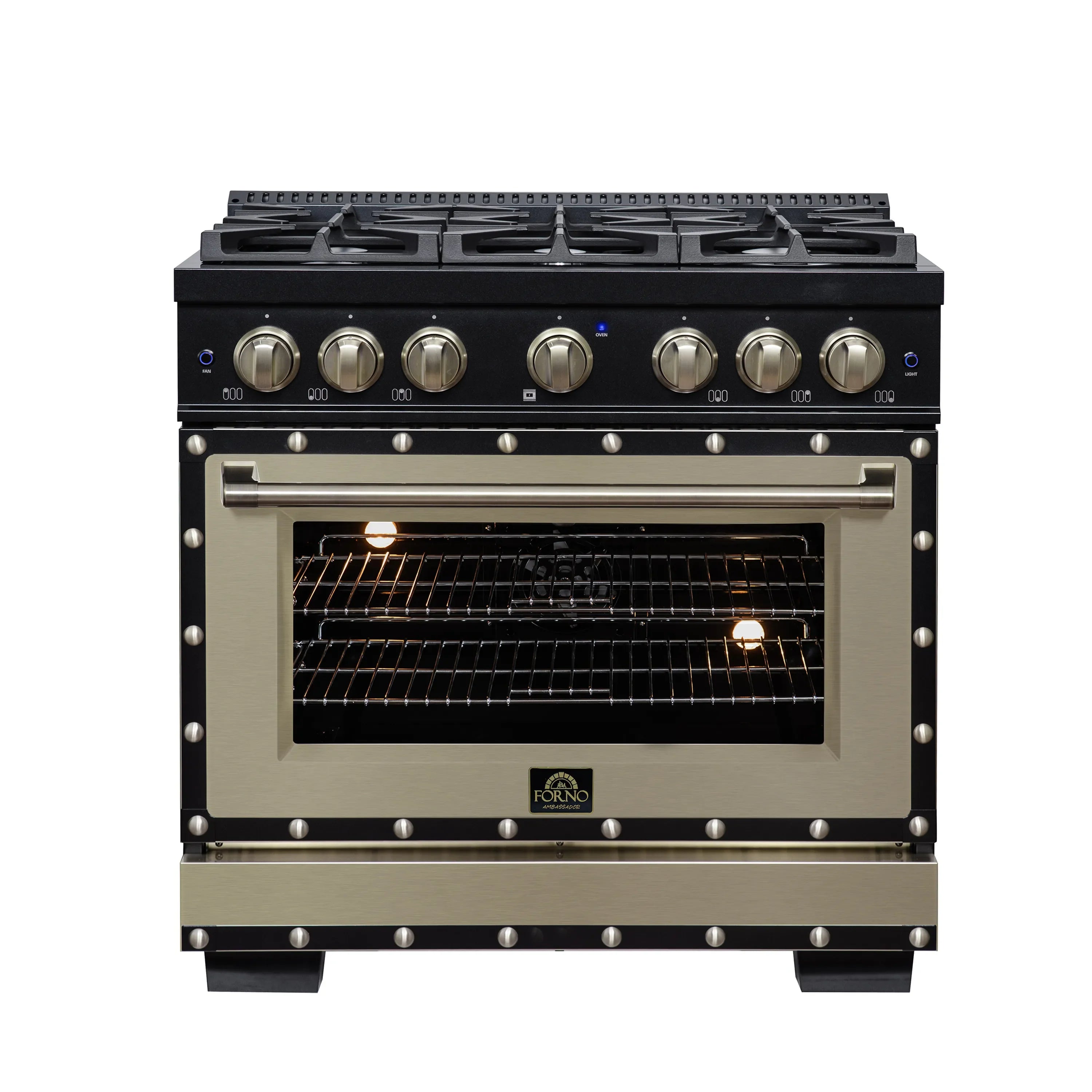 FORNO Valente 36-Inch Dual Fuel Range in Black with Antique Brass Handle and Decorative Copper Trim, 5.2 Cu. Ft. Convection Oven, 6 Sealed Burners, 71,000 BTU (FFSGS6199-36CPBLK)