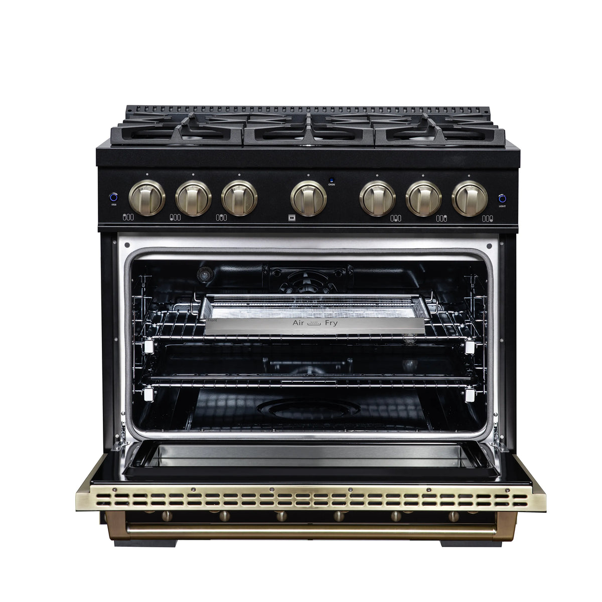 Forno Valente 36-Inch Dual Fuel Range, 71,000 BTU, 5.2 Cu. Ft. Convection Oven, Black with Antique Brass Handle and Copper Trim (FFSGS6199-36CPBLK)