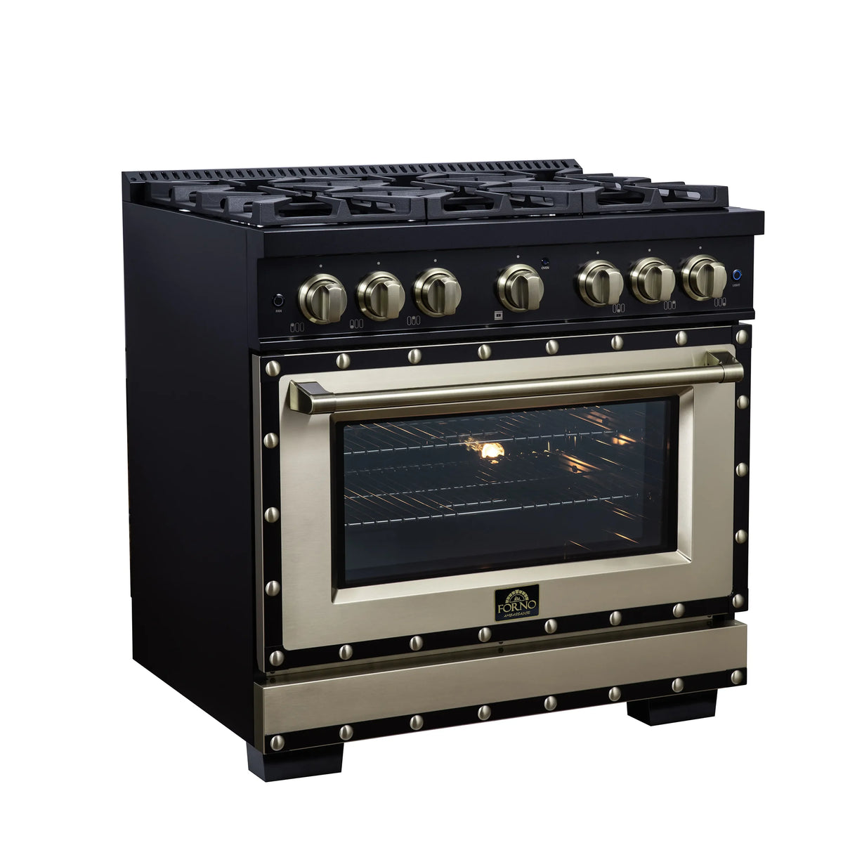 Forno Valente 36-Inch Dual Fuel Range, 71,000 BTU, 5.2 Cu. Ft. Convection Oven, Black with Antique Brass Handle and Copper Trim (FFSGS6199-36CPBLK)