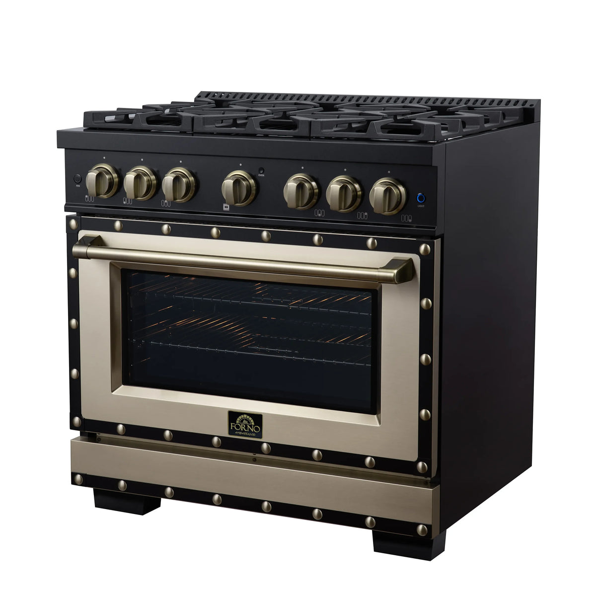 Forno Valente 36-Inch Dual Fuel Range, 71,000 BTU, 5.2 Cu. Ft. Convection Oven, Black with Antique Brass Handle and Copper Trim (FFSGS6199-36CPBLK)