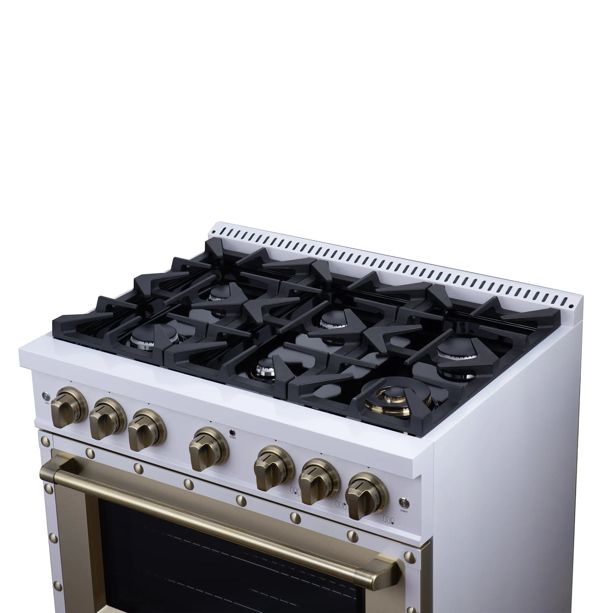 Forno Valente 36-Inch Dual Fuel Range, 71,000 BTU, 5.2 Cu. Ft. Convection Oven, White with Antique Brass Handle and Copper Trim (FFSGS6199-36CPWHT)