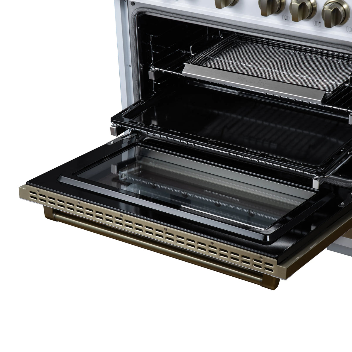 Forno Valente 36-Inch Dual Fuel Range, 71,000 BTU, 5.2 Cu. Ft. Convection Oven, White with Antique Brass Handle and Copper Trim (FFSGS6199-36CPWHT)