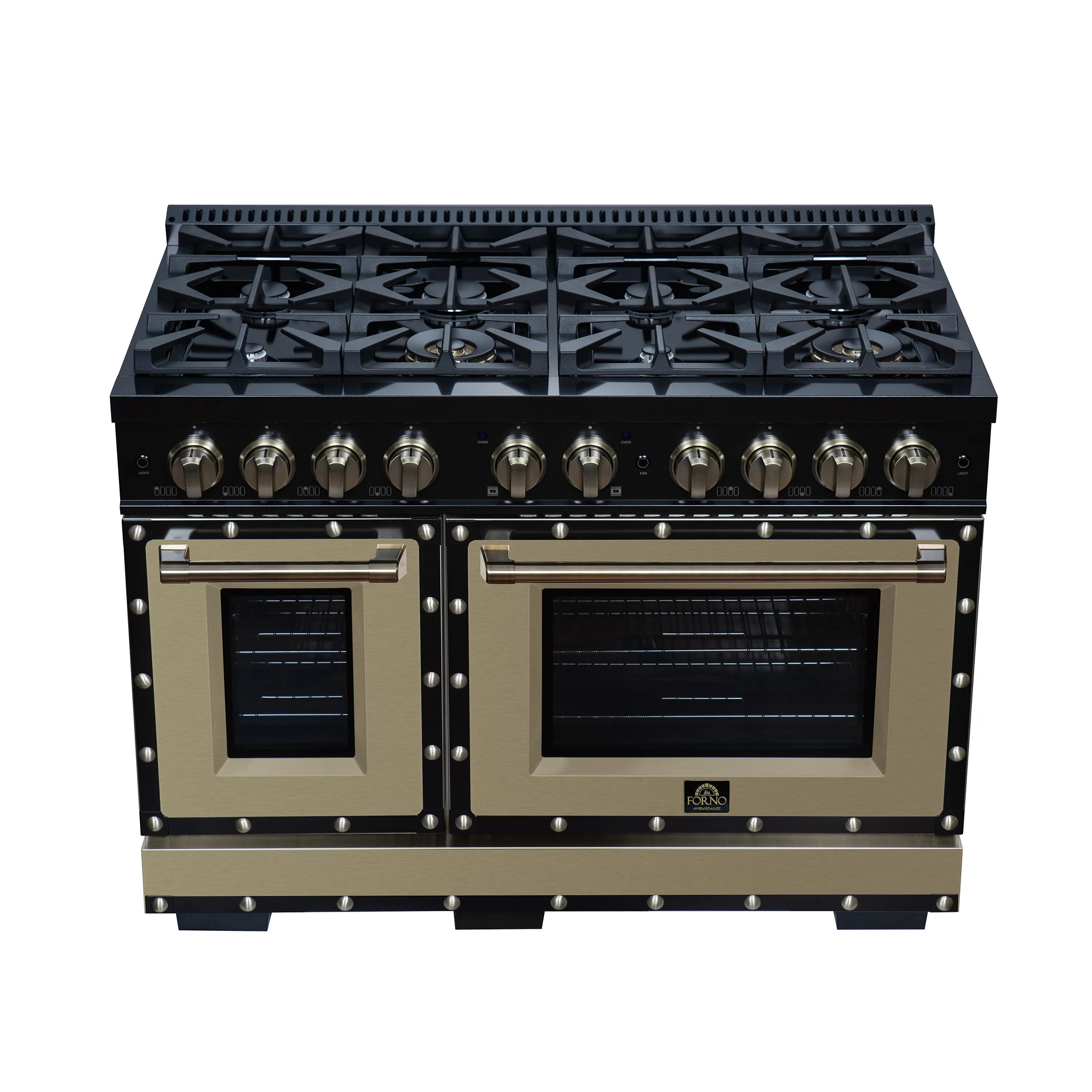 FORNO Valente 48-Inch Dual Fuel Range in Black with Antique Brass Handle and Decorative Copper Trim, 6.7 Cu. Ft. Double Oven, 8 Sealed Burners, 94,000 BTU (FFSGS6199-48CPBLK)