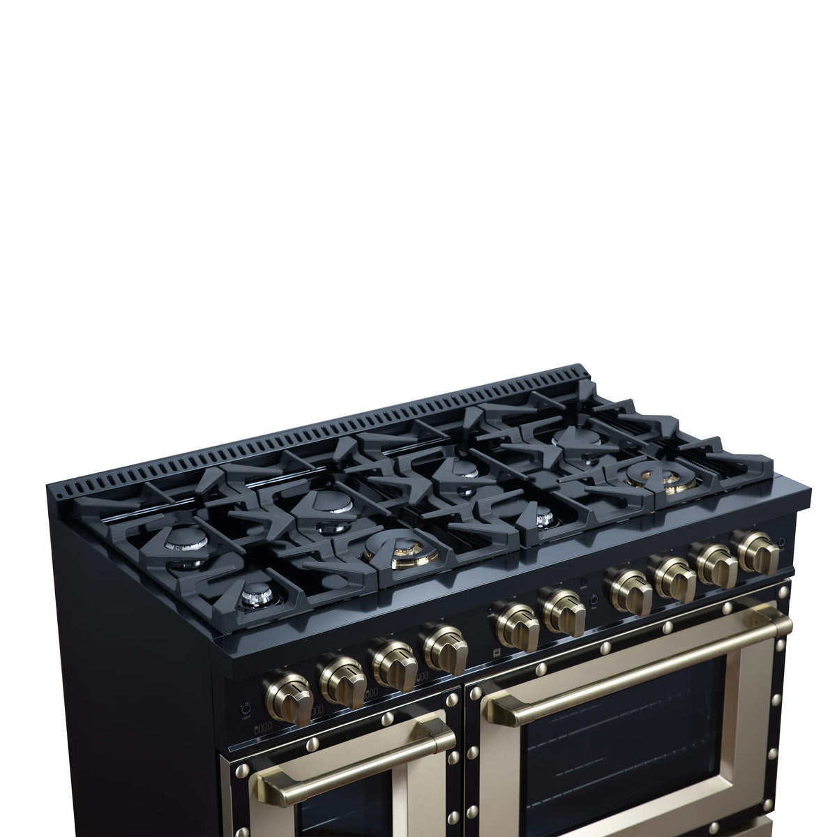Forno Valente 48-Inch Dual Fuel Range, 94,000 BTU, 6.7 Cu. Ft. Double Oven, Black with Antique Brass Handle and Copper Trim (FFSGS6199-48CPBLK)