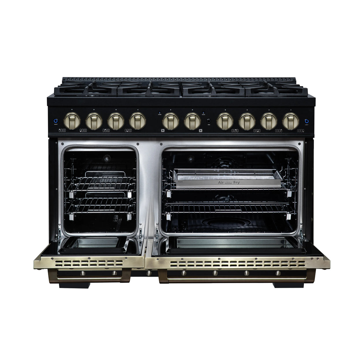 Forno Valente 48-Inch Dual Fuel Range, 94,000 BTU, 6.7 Cu. Ft. Double Oven, Black with Antique Brass Handle and Copper Trim (FFSGS6199-48CPBLK)