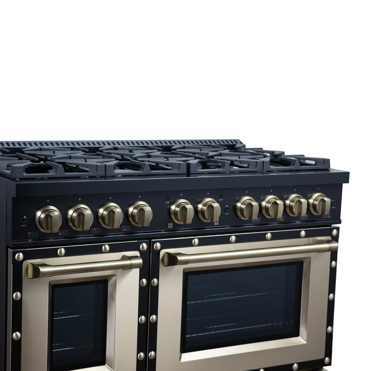 Forno Valente 48-Inch Dual Fuel Range, 94,000 BTU, 6.7 Cu. Ft. Double Oven, Black with Antique Brass Handle and Copper Trim (FFSGS6199-48CPBLK)
