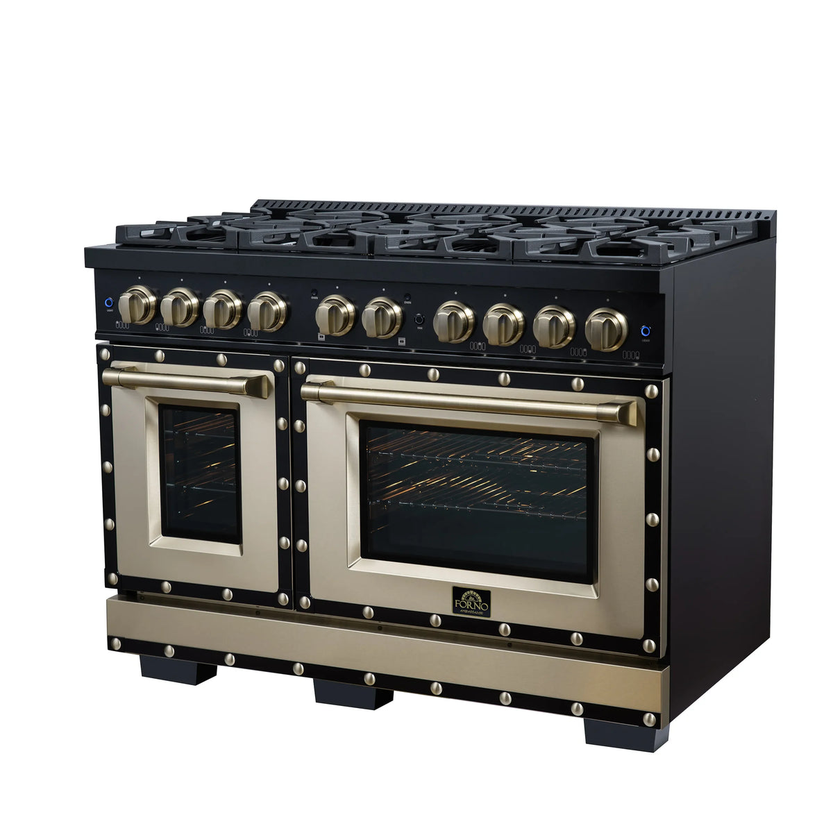 Forno Valente 48-Inch Dual Fuel Range, 94,000 BTU, 6.7 Cu. Ft. Double Oven, Black with Antique Brass Handle and Copper Trim (FFSGS6199-48CPBLK)