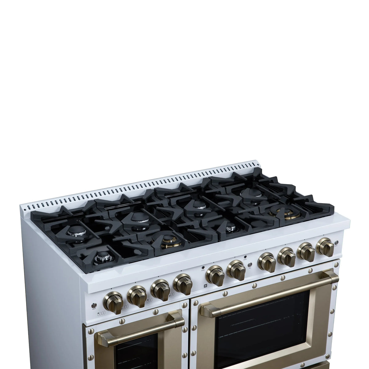 Forno Valente 48-Inch Dual Fuel Range, 94,000 BTU, 6.7 Cu. Ft. Double Oven, White with Antique Brass Handle and Copper Trim (FFSGS6199-48CPWHT)