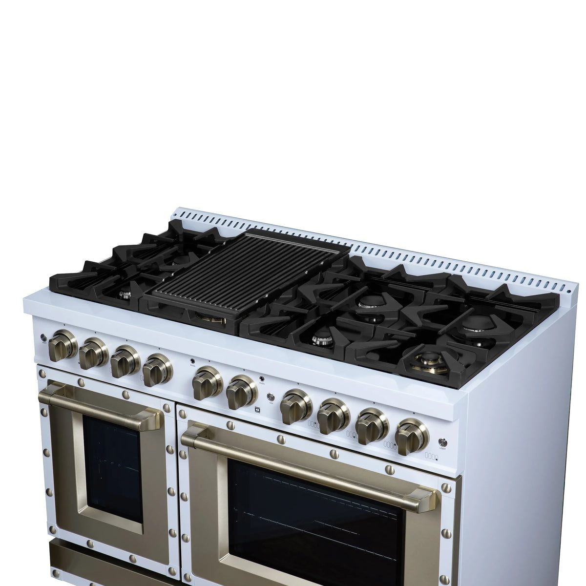 Forno Valente 48-Inch Dual Fuel Range, 94,000 BTU, 6.7 Cu. Ft. Double Oven, White with Antique Brass Handle and Copper Trim (FFSGS6199-48CPWHT)