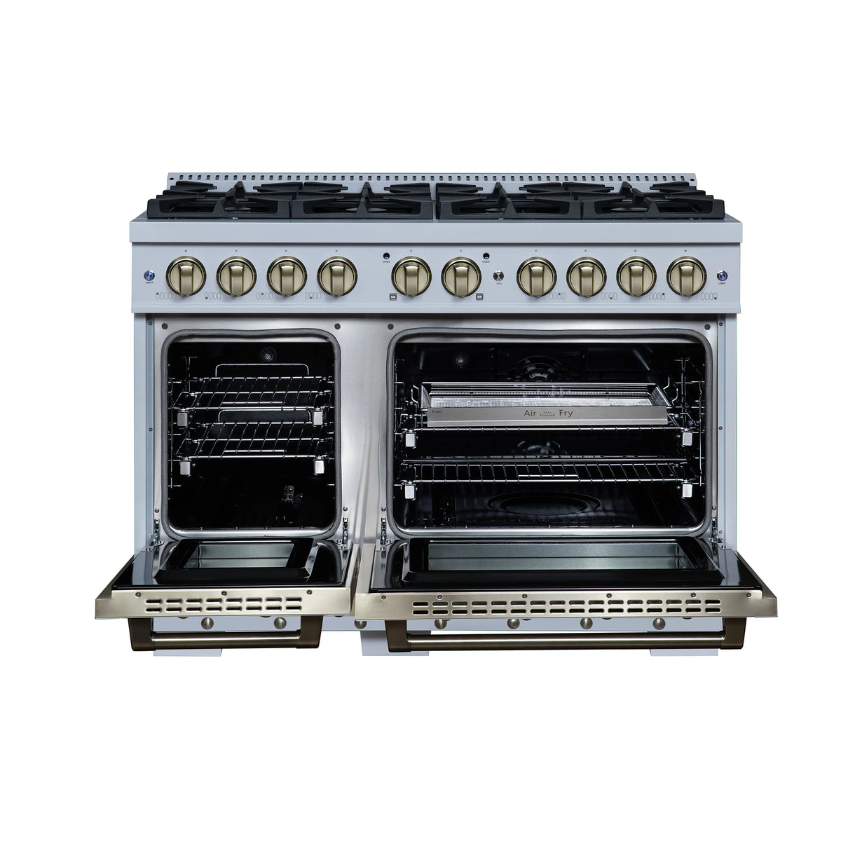 Forno Valente 48-Inch Dual Fuel Range, 94,000 BTU, 6.7 Cu. Ft. Double Oven, White with Antique Brass Handle and Copper Trim (FFSGS6199-48CPWHT)