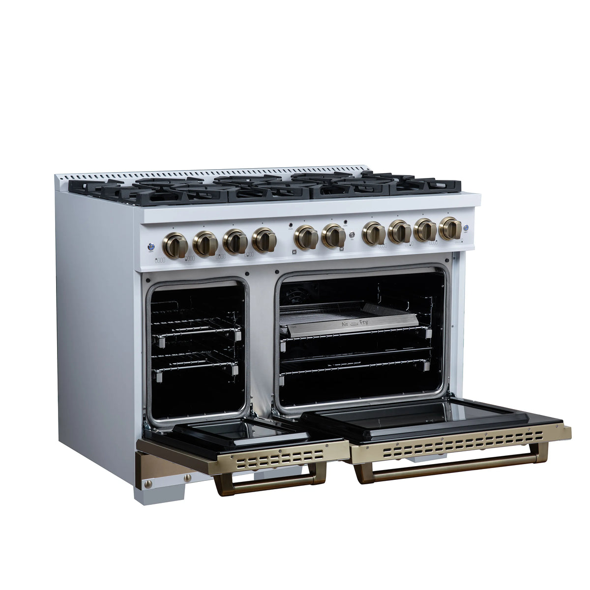 Forno Valente 48-Inch Dual Fuel Range, 94,000 BTU, 6.7 Cu. Ft. Double Oven, White with Antique Brass Handle and Copper Trim (FFSGS6199-48CPWHT)