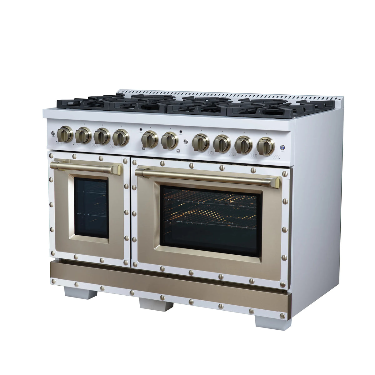 Forno Valente 48-Inch Dual Fuel Range, 94,000 BTU, 6.7 Cu. Ft. Double Oven, White with Antique Brass Handle and Copper Trim (FFSGS6199-48CPWHT)