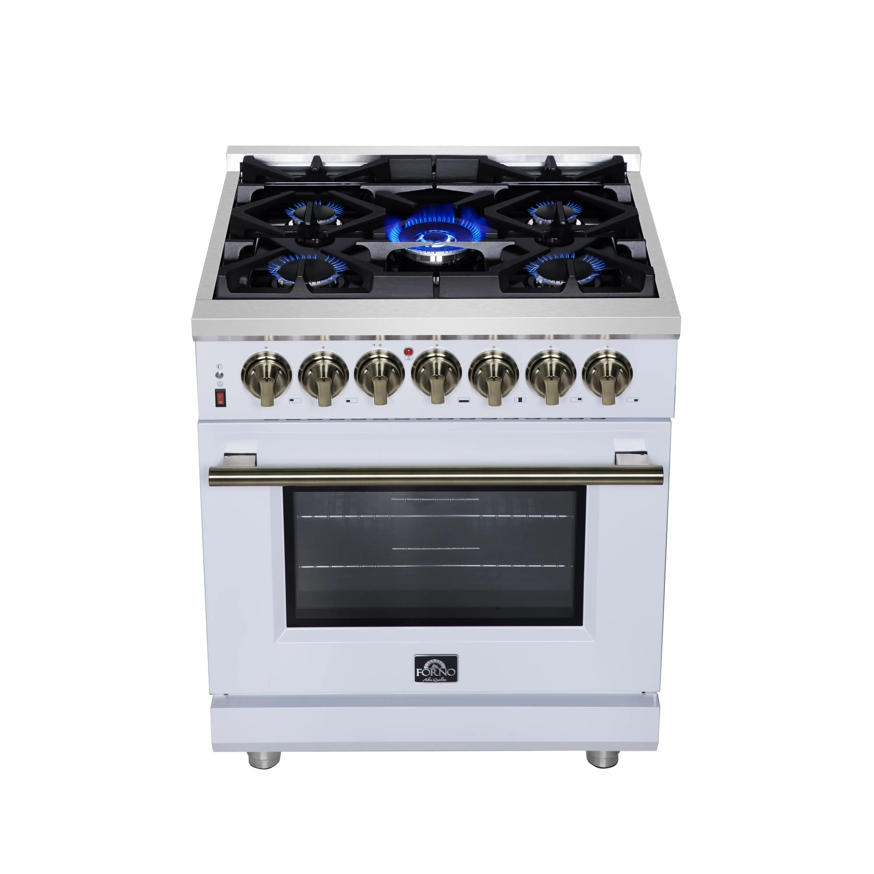 Forno Massimo 30-Inch Freestanding Dual Fuel Range with 5 Burners & 4.32 Cu. Ft. Convection Oven in White with Antique Brass Handle (FFSGS6125-30WHT)