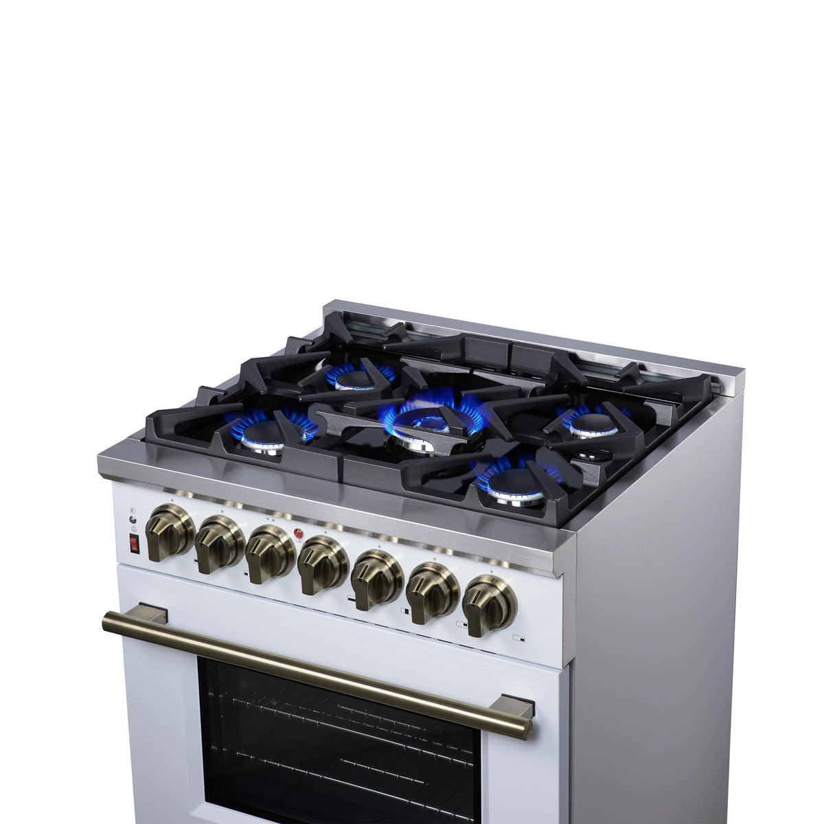 Forno Massimo 30-Inch Freestanding Dual Fuel Range, 5 Burners, 4.32 Cu. Ft. Convection Oven, White with Antique Brass Handle (FFSGS6125-30WHT)