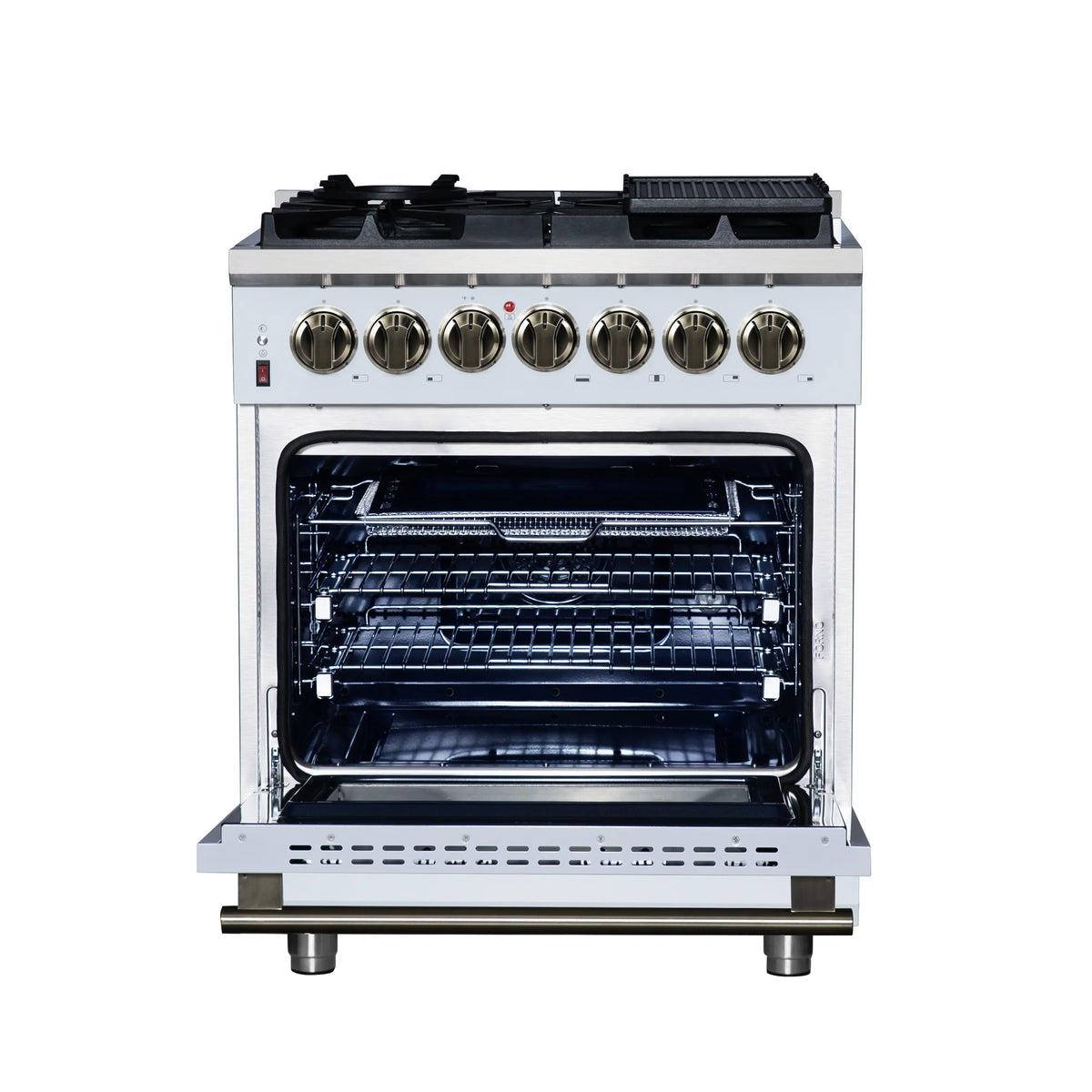 Forno Massimo 30-Inch Freestanding Dual Fuel Range, 5 Burners, 4.32 Cu. Ft. Convection Oven, White with Antique Brass Handle (FFSGS6125-30WHT)