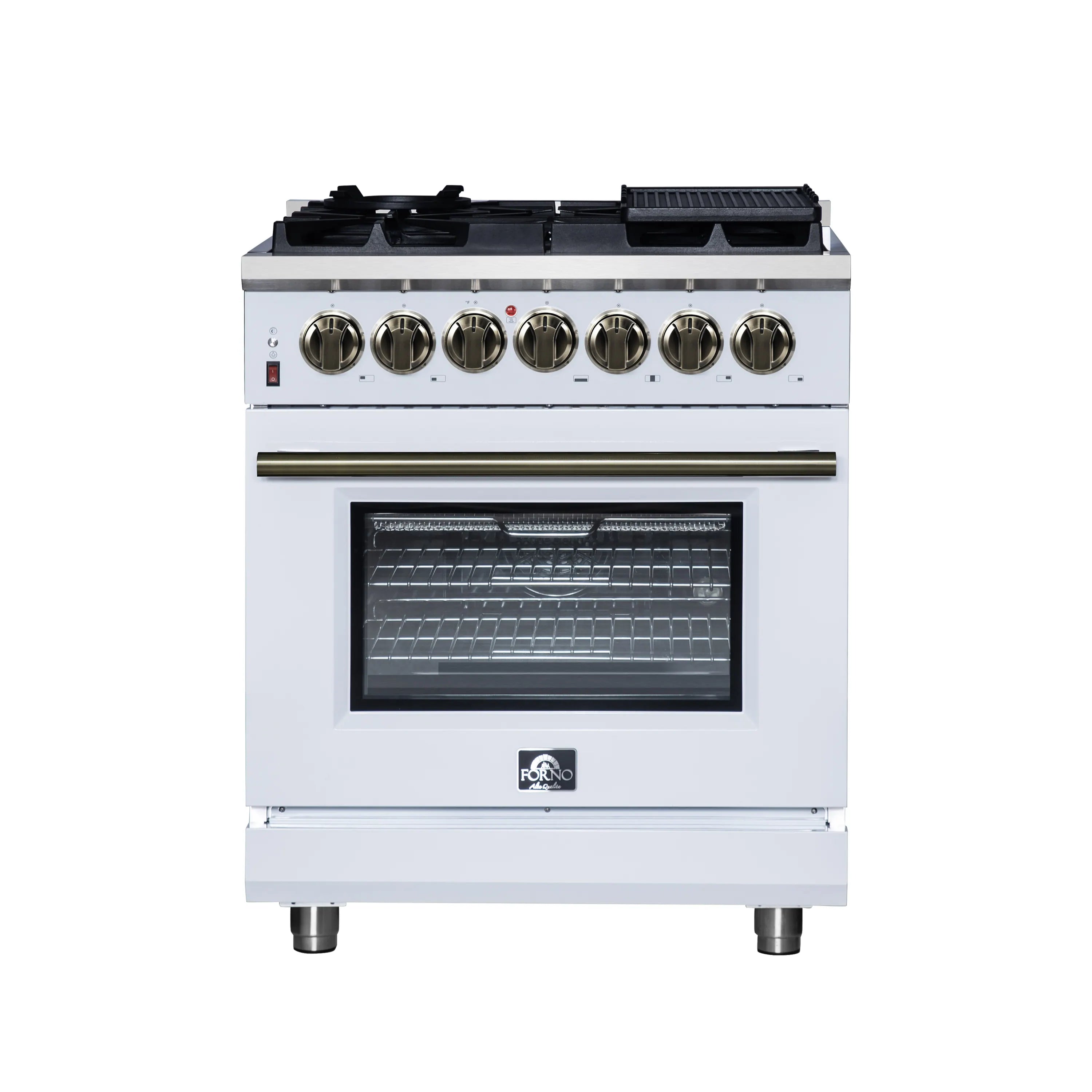 Forno Massimo 30-Inch Freestanding Dual Fuel Range with 5 Burners & 4.32 Cu. Ft. Convection Oven in White with Antique Brass Handle (FFSGS6125-30WHT)
