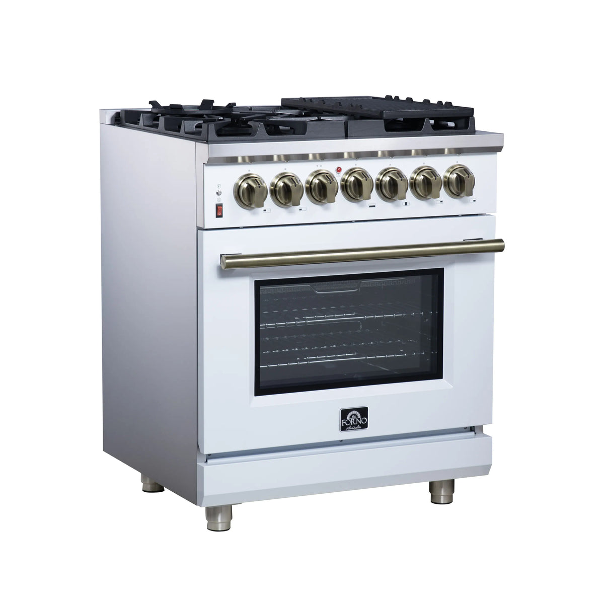 Forno Massimo 30-Inch Freestanding Dual Fuel Range, 5 Burners, 4.32 Cu. Ft. Convection Oven, White with Antique Brass Handle (FFSGS6125-30WHT)