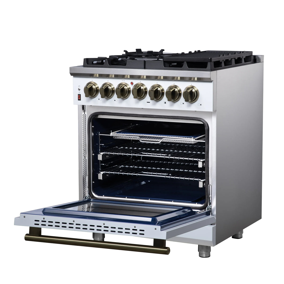 Forno Massimo 30-Inch Freestanding Dual Fuel Range, 5 Burners, 4.32 Cu. Ft. Convection Oven, White with Antique Brass Handle (FFSGS6125-30WHT)