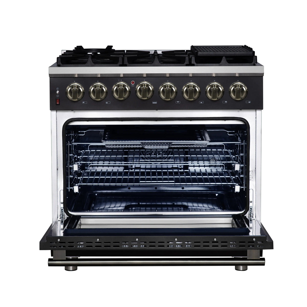 Forno Massimo 36-Inch Freestanding Dual Fuel Range, 6 Burners, 5.36 Cu. Ft. Convection Oven, Black with Antique Brass Handle (FFSGS6125-36BLK)