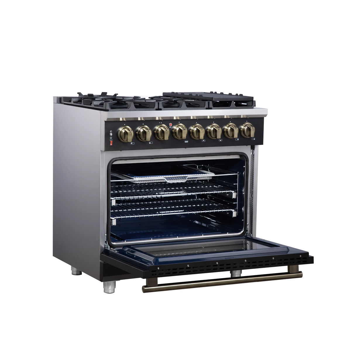 Forno Massimo 36-Inch Freestanding Dual Fuel Range, 6 Burners, 5.36 Cu. Ft. Convection Oven, Black with Antique Brass Handle (FFSGS6125-36BLK)