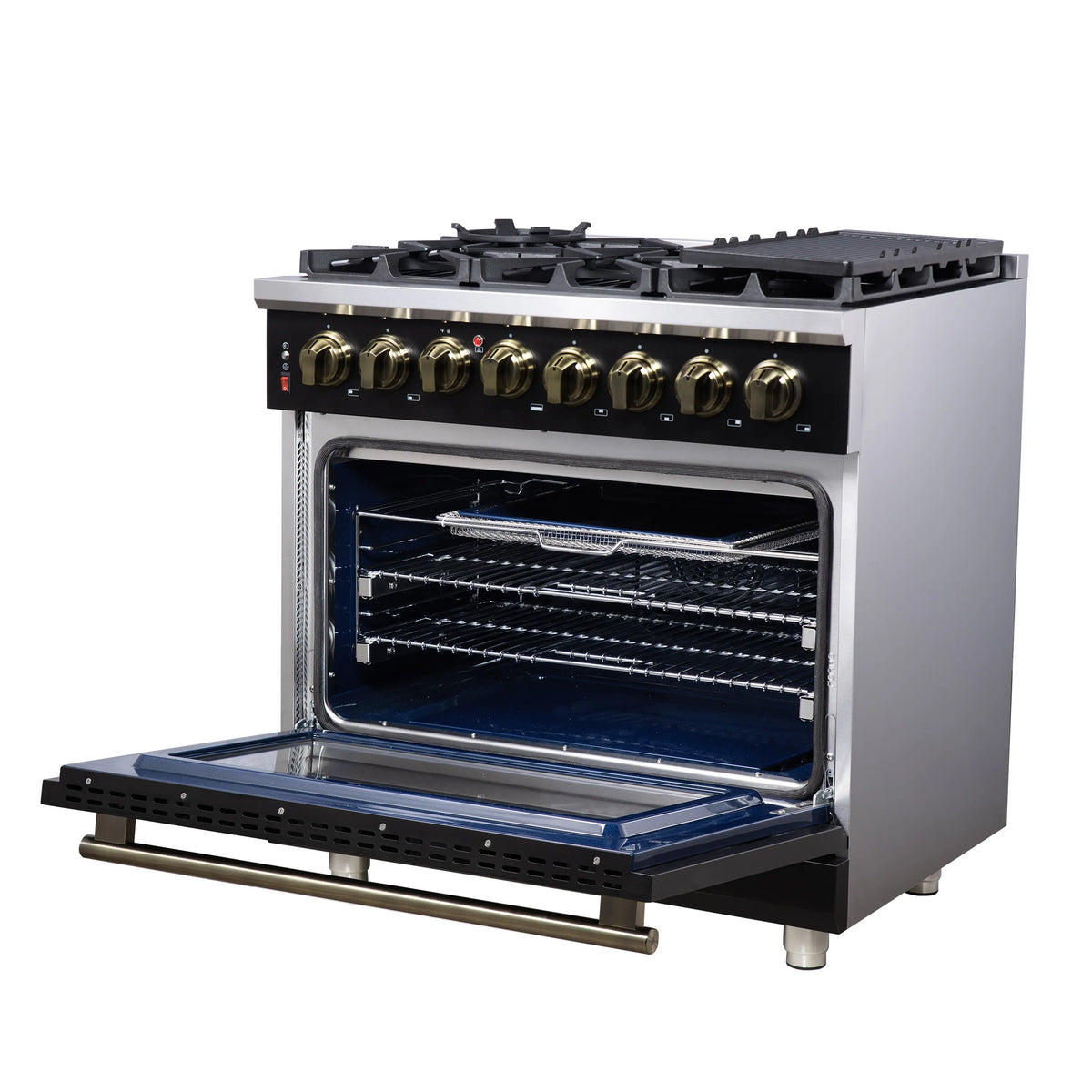 Forno Massimo 36-Inch Freestanding Dual Fuel Range, 6 Burners, 5.36 Cu. Ft. Convection Oven, Black with Antique Brass Handle (FFSGS6125-36BLK)