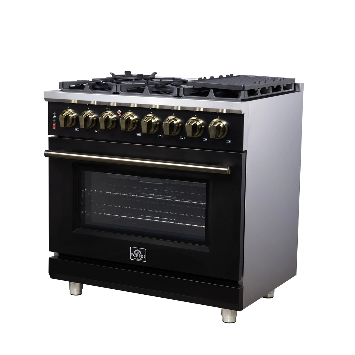 Forno Massimo 36-Inch Freestanding Dual Fuel Range, 6 Burners, 5.36 Cu. Ft. Convection Oven, Black with Antique Brass Handle (FFSGS6125-36BLK)