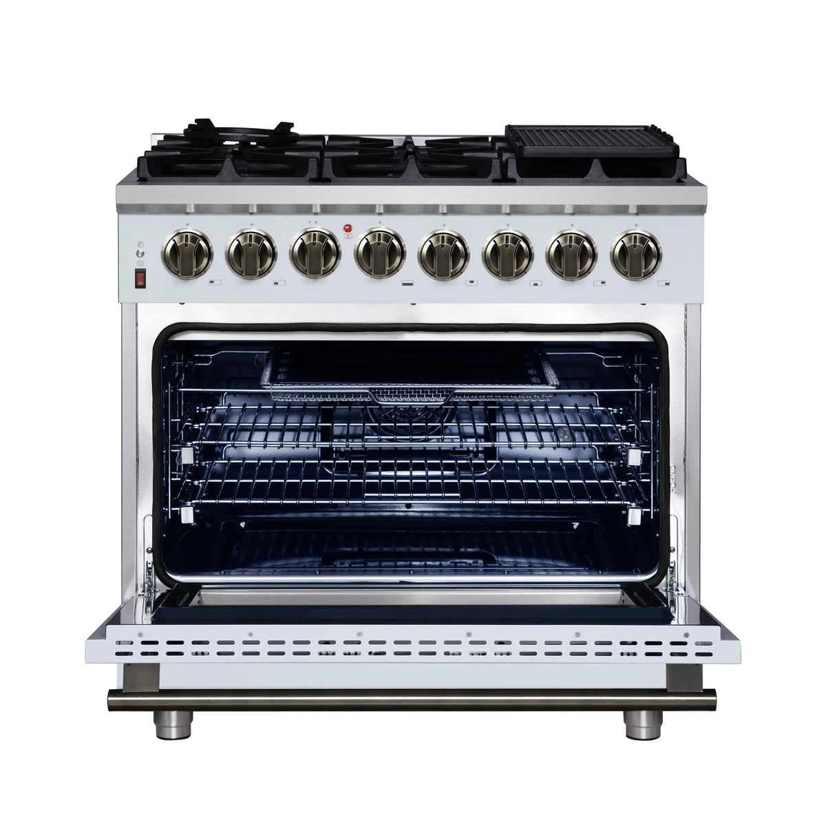 Forno Massimo 36-Inch Freestanding Dual Fuel Range, 6 Burners, 5.36 Cu. Ft. Convection Oven, White with Antique Brass Handle (FFSGS6125-36WHT)