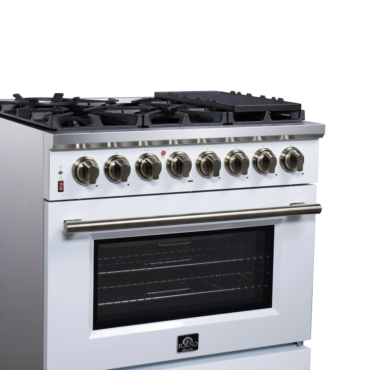 Forno Massimo 36-Inch Freestanding Dual Fuel Range, 6 Burners, 5.36 Cu. Ft. Convection Oven, White with Antique Brass Handle (FFSGS6125-36WHT)