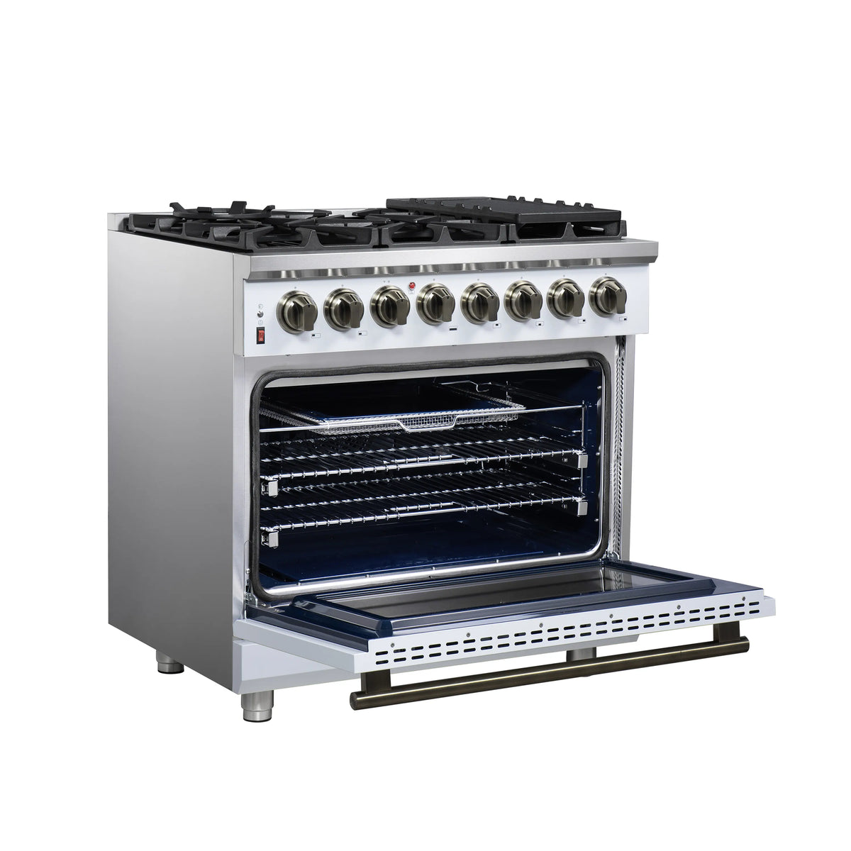 Forno Massimo 36-Inch Freestanding Dual Fuel Range, 6 Burners, 5.36 Cu. Ft. Convection Oven, White with Antique Brass Handle (FFSGS6125-36WHT)