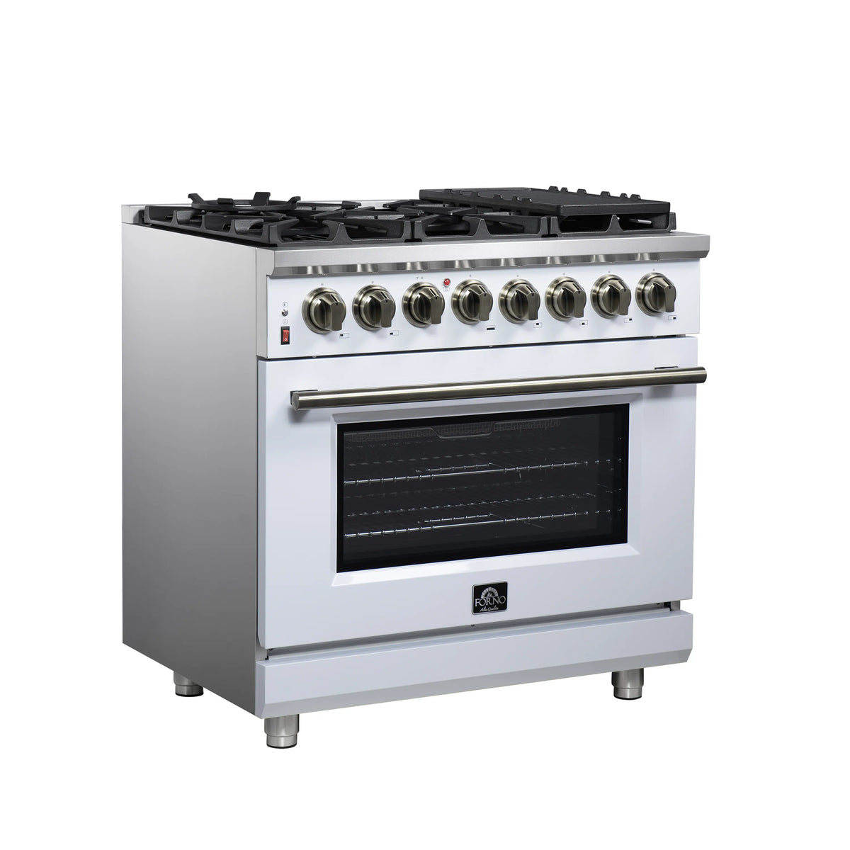 Forno Massimo 36-Inch Freestanding Dual Fuel Range, 6 Burners, 5.36 Cu. Ft. Convection Oven, White with Antique Brass Handle (FFSGS6125-36WHT)