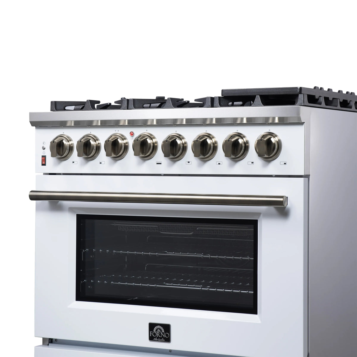 Forno Massimo 36-Inch Freestanding Dual Fuel Range, 6 Burners, 5.36 Cu. Ft. Convection Oven, White with Antique Brass Handle (FFSGS6125-36WHT)
