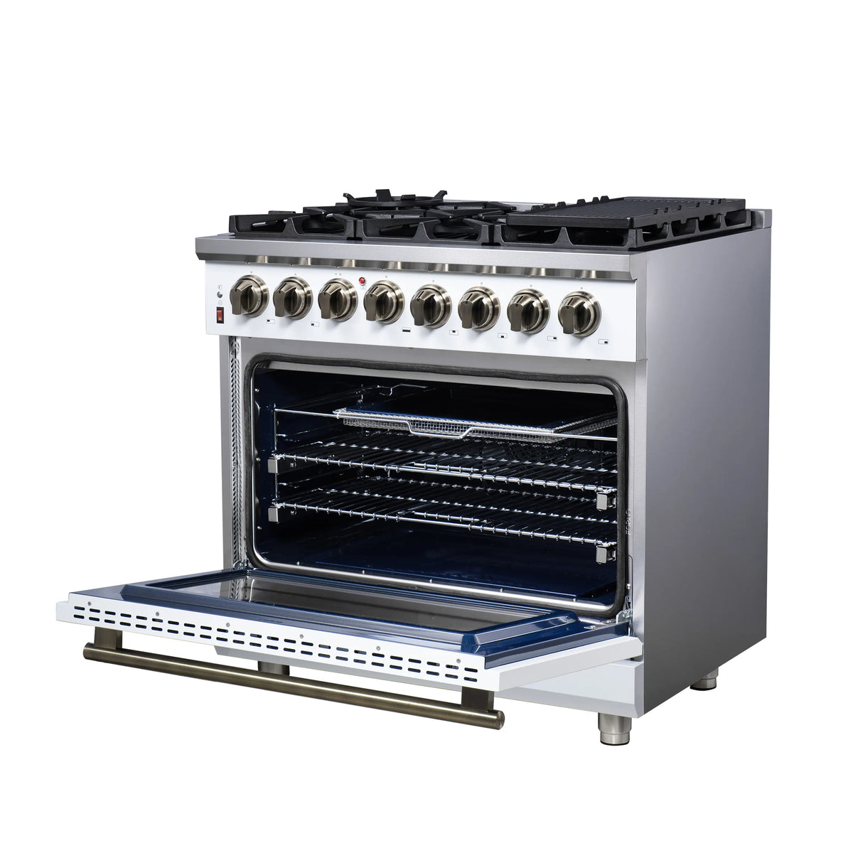 Forno Massimo 36-Inch Freestanding Dual Fuel Range, 6 Burners, 5.36 Cu. Ft. Convection Oven, White with Antique Brass Handle (FFSGS6125-36WHT)