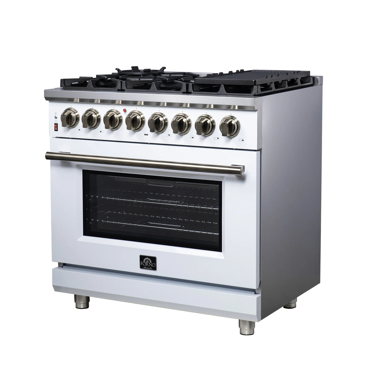 Forno Massimo 36-Inch Freestanding Dual Fuel Range, 6 Burners, 5.36 Cu. Ft. Convection Oven, White with Antique Brass Handle (FFSGS6125-36WHT)