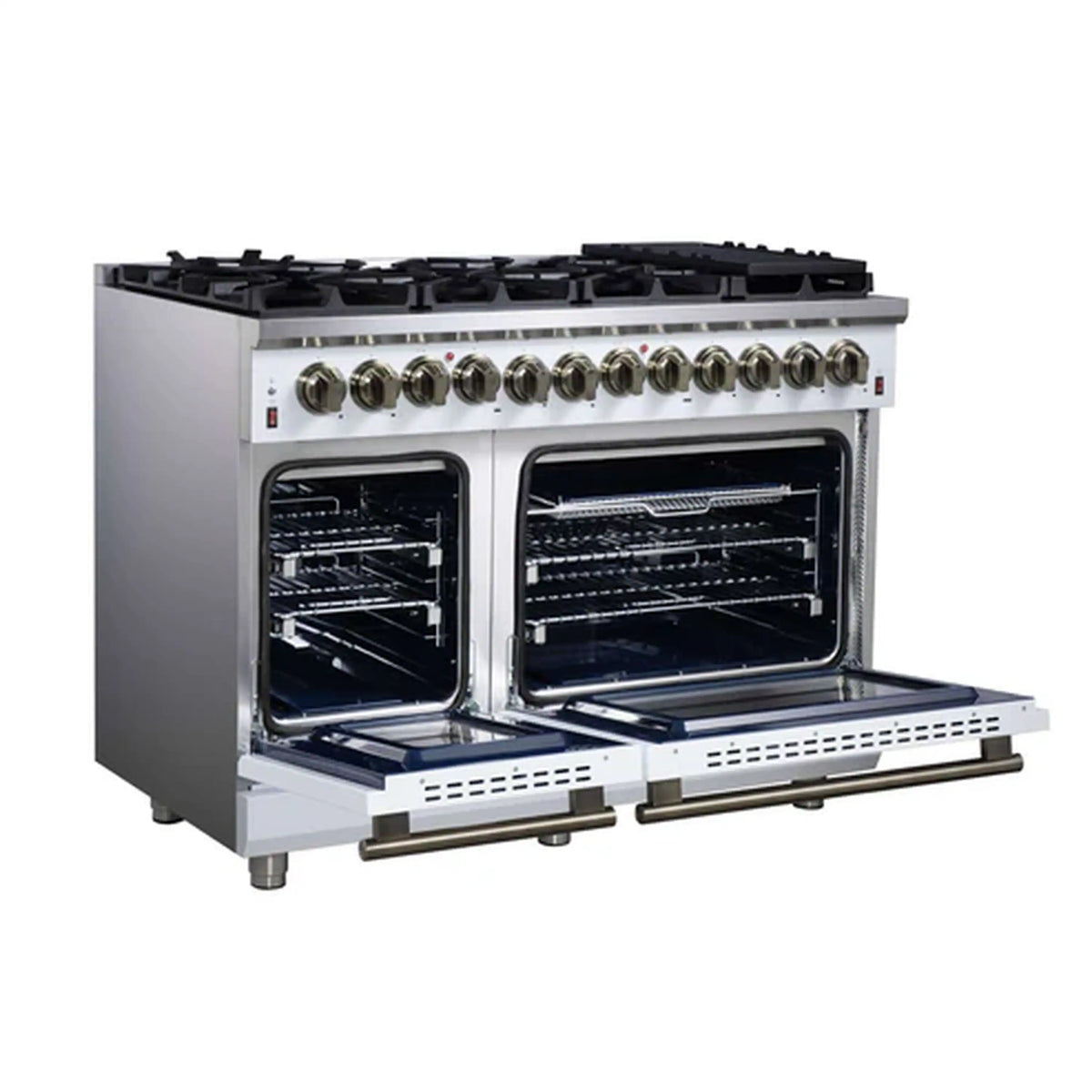 Forno Massimo 48-Inch Freestanding Dual Fuel Range, 8 Burners, 6.58 Cu. Ft. Convection Oven, White with Antique Brass Trim (FFSGS6125-48WHT)