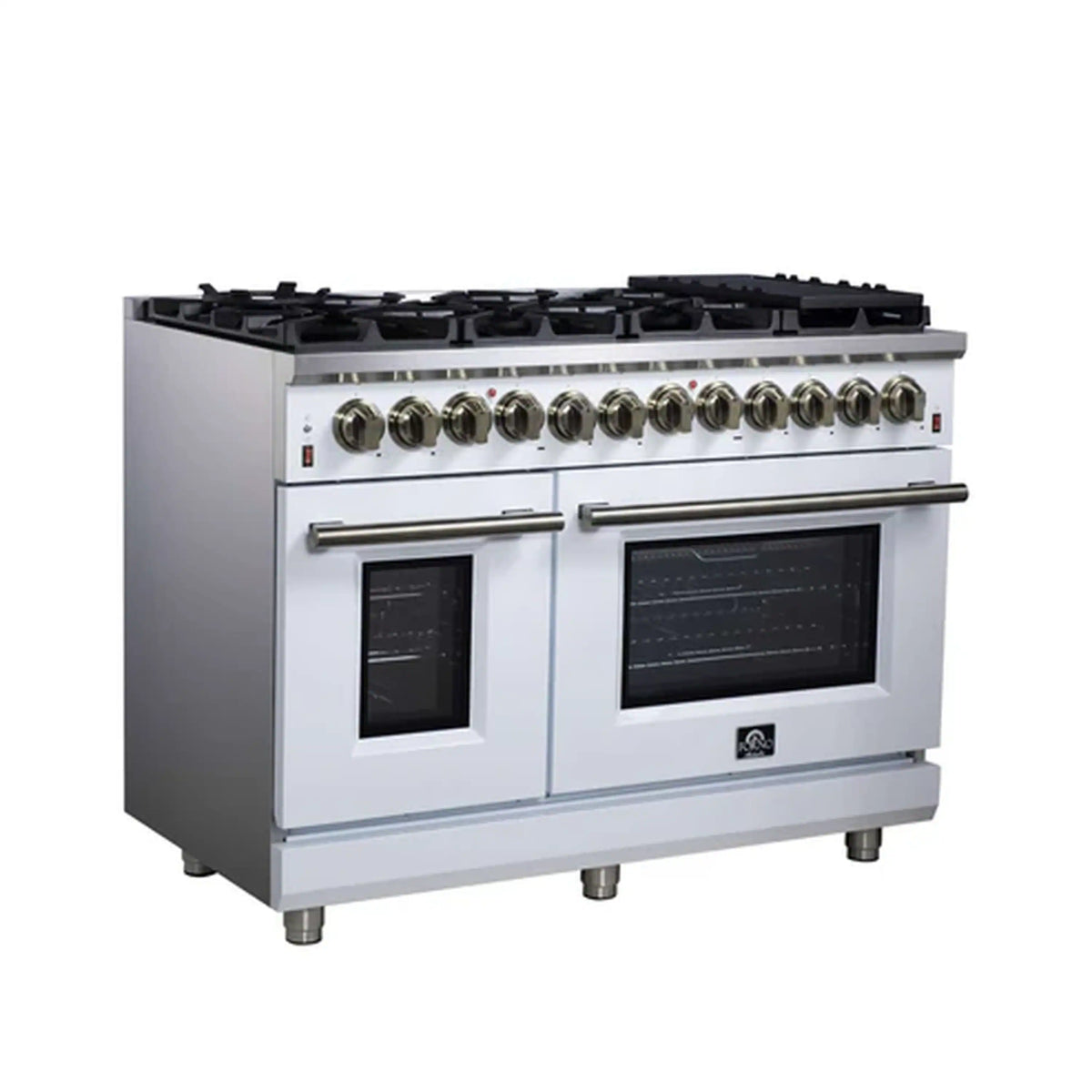 Forno Massimo 48-Inch Freestanding Dual Fuel Range, 8 Burners, 6.58 Cu. Ft. Convection Oven, White with Antique Brass Trim (FFSGS6125-48WHT)