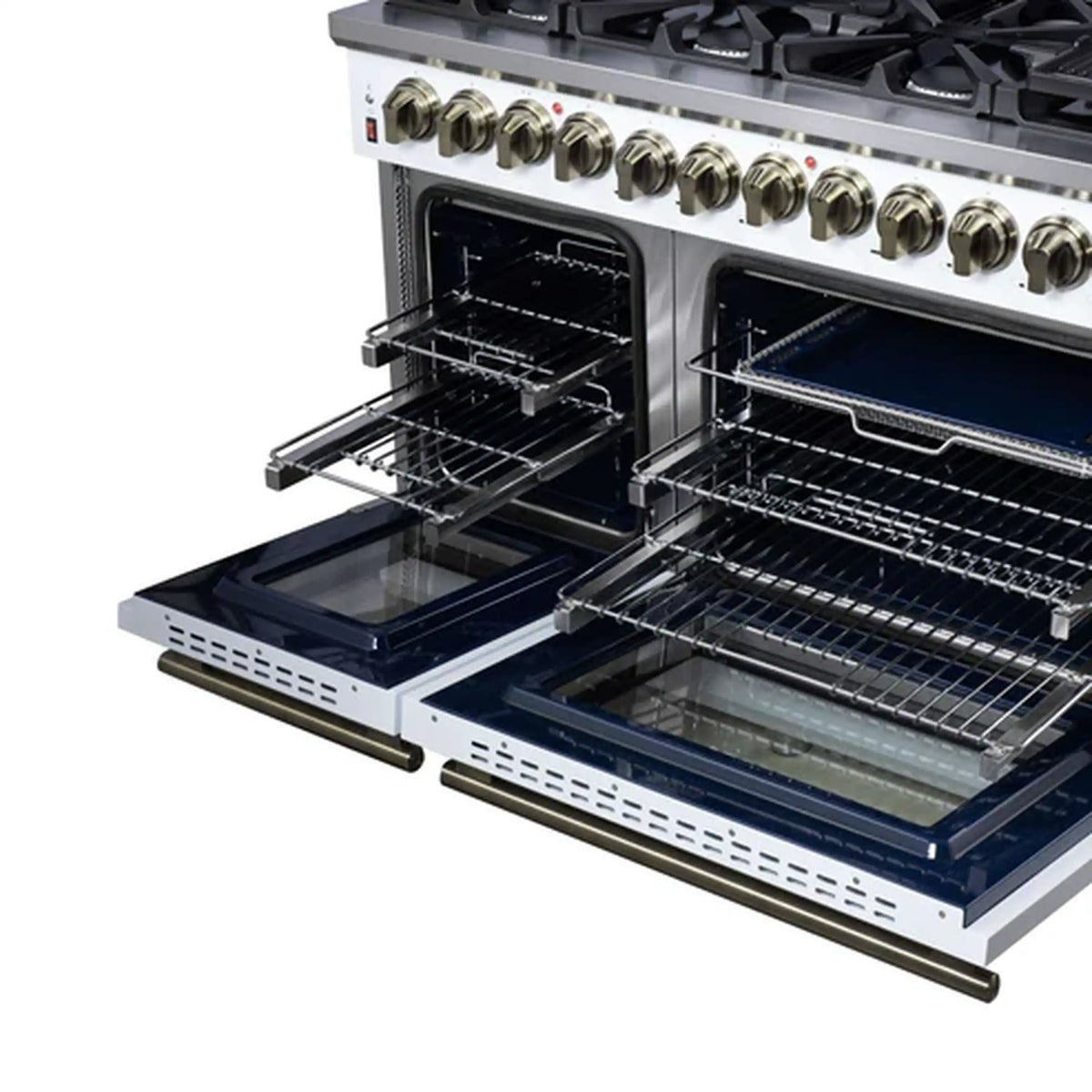 Forno Massimo 48-Inch Freestanding Dual Fuel Range, 8 Burners, 6.58 Cu. Ft. Convection Oven, White with Antique Brass Trim (FFSGS6125-48WHT)