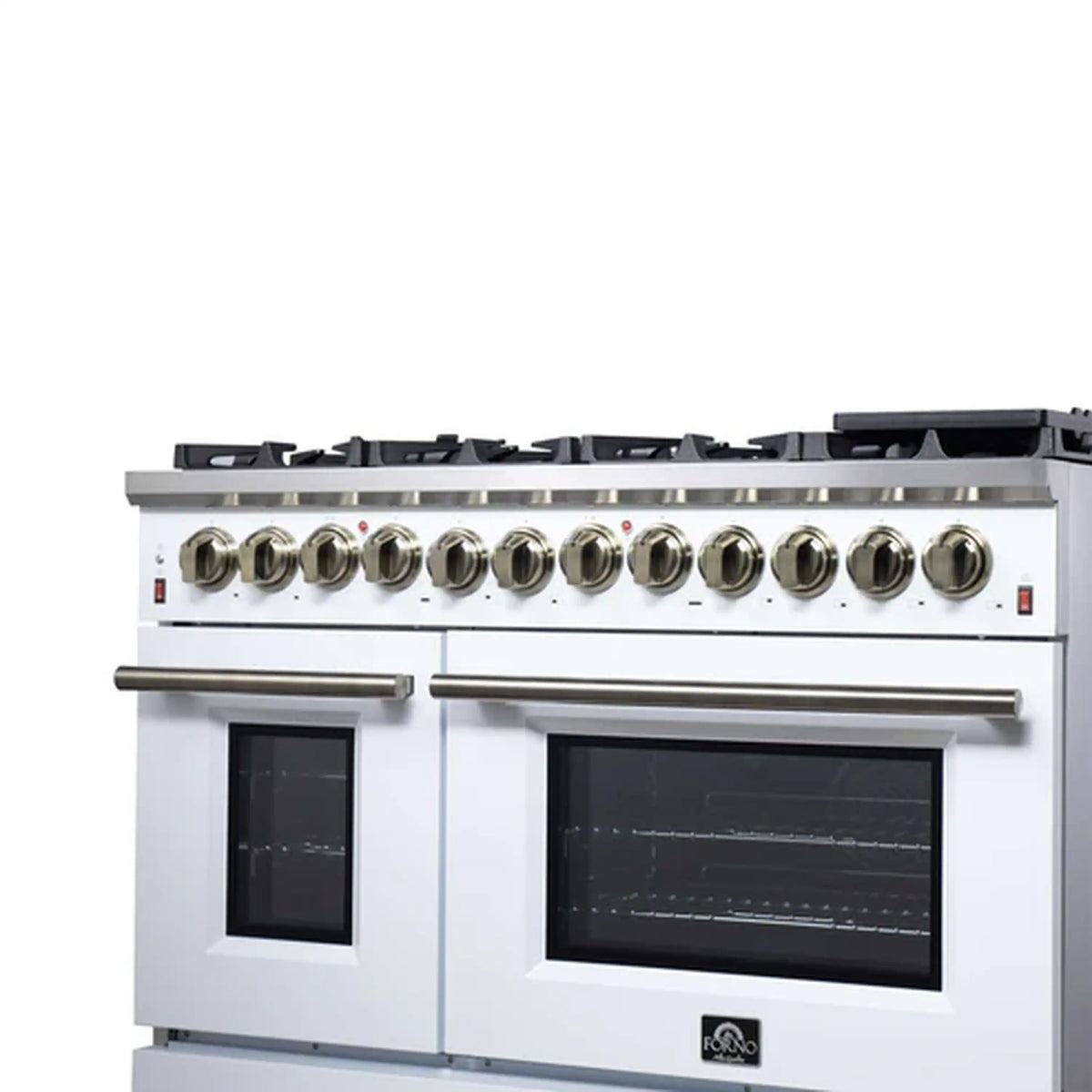 Forno Massimo 48-Inch Freestanding Dual Fuel Range, 8 Burners, 6.58 Cu. Ft. Convection Oven, White with Antique Brass Trim (FFSGS6125-48WHT)