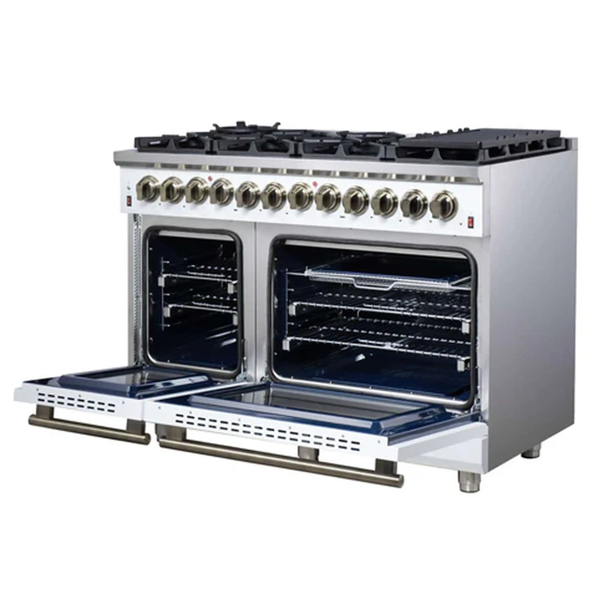 Forno Massimo 48-Inch Freestanding Dual Fuel Range, 8 Burners, 6.58 Cu. Ft. Convection Oven, White with Antique Brass Trim (FFSGS6125-48WHT)