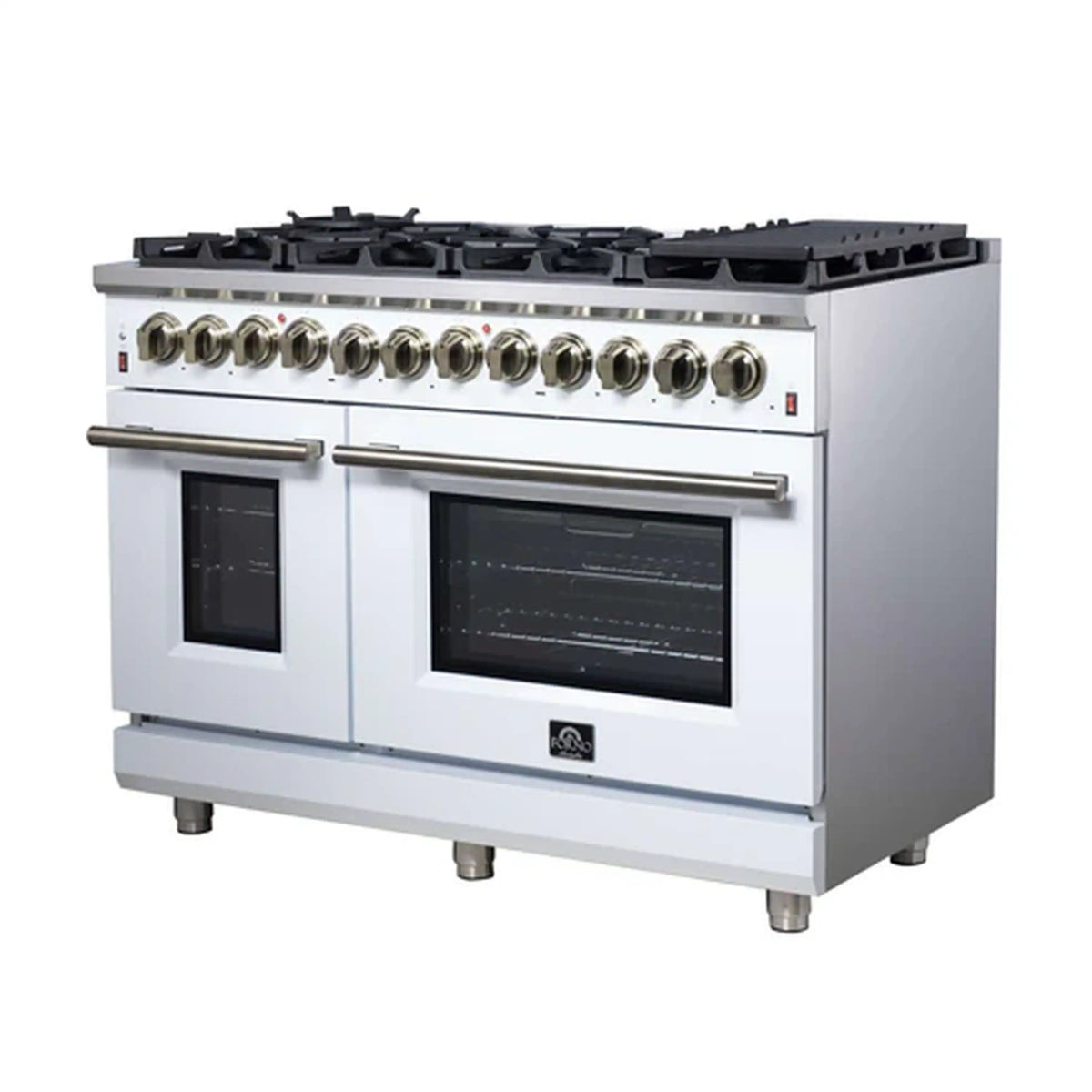 Forno Massimo 48-Inch Freestanding Dual Fuel Range, 8 Burners, 6.58 Cu. Ft. Convection Oven, White with Antique Brass Trim (FFSGS6125-48WHT)