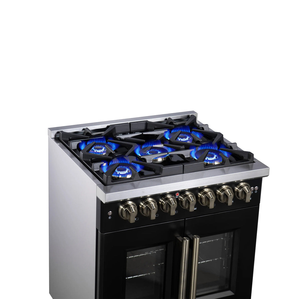 Forno Capriasca 30-Inch Freestanding Dual Fuel Range, French Door Oven, Black with Antique Brass Handle (FFSGS6387-30BLK)