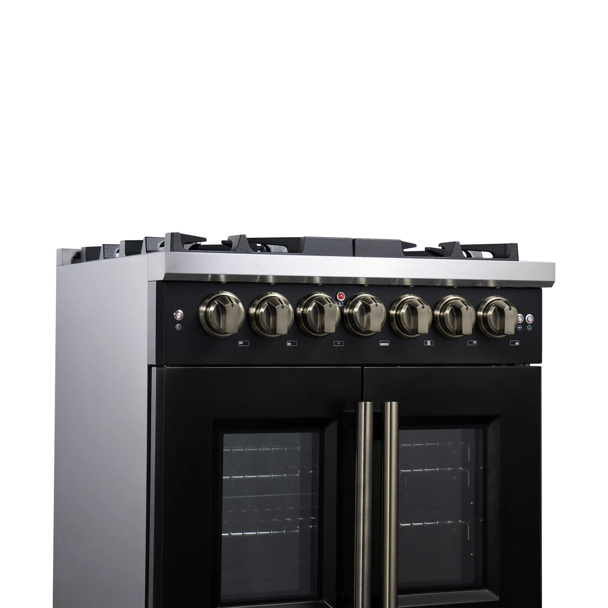 Forno Capriasca 30-Inch Freestanding Dual Fuel Range, French Door Oven, Black with Antique Brass Handle (FFSGS6387-30BLK)