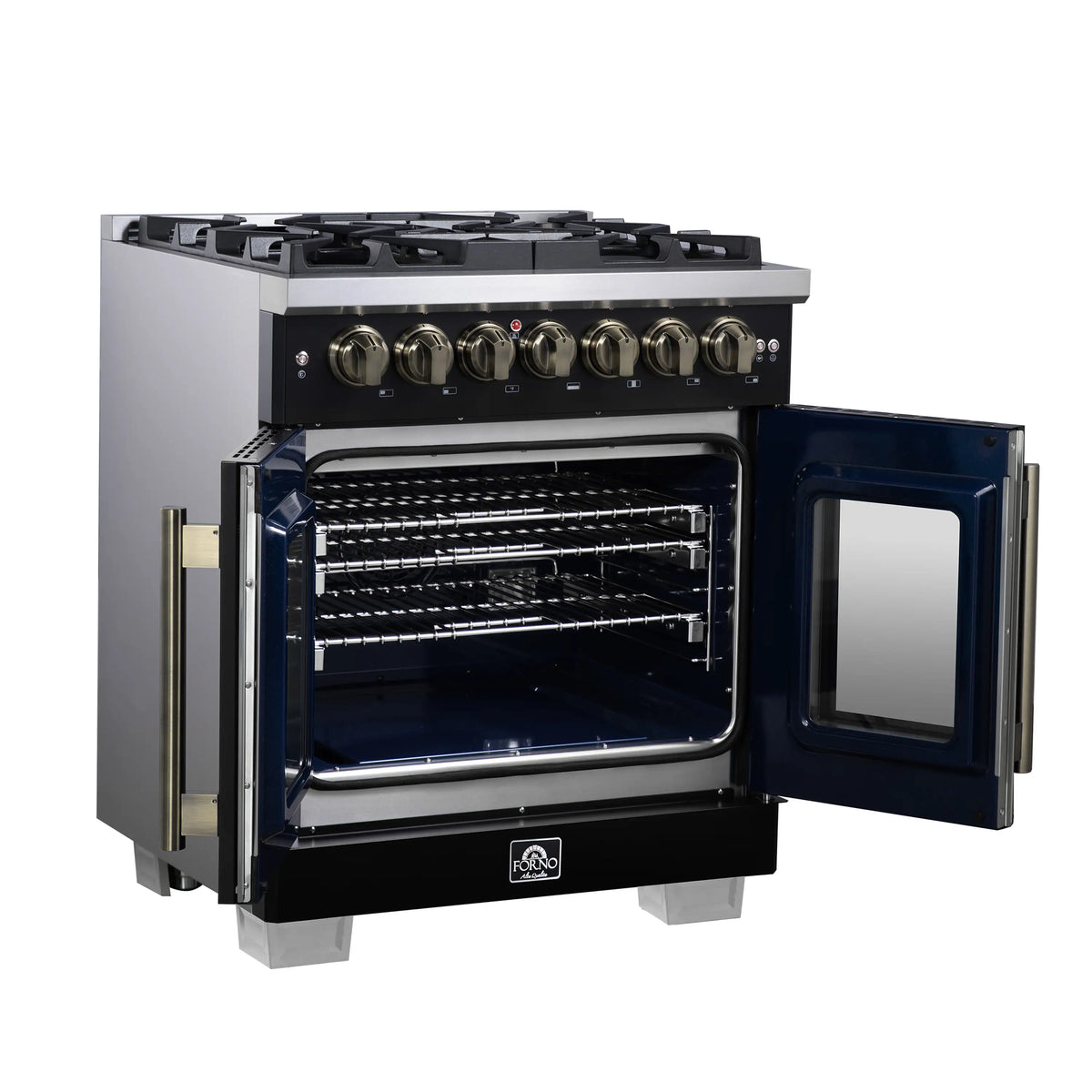 Forno Capriasca 30-Inch Freestanding Dual Fuel Range, French Door Oven, Black with Antique Brass Handle (FFSGS6387-30BLK)