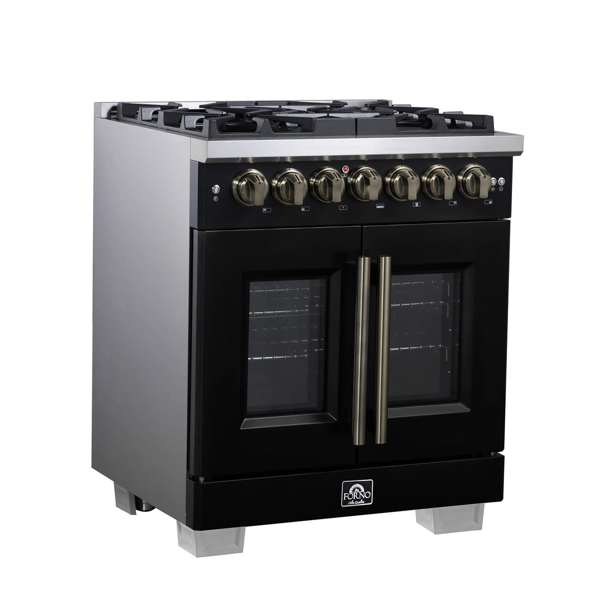 Forno Capriasca 30-Inch Freestanding Dual Fuel Range, French Door Oven, Black with Antique Brass Handle (FFSGS6387-30BLK)