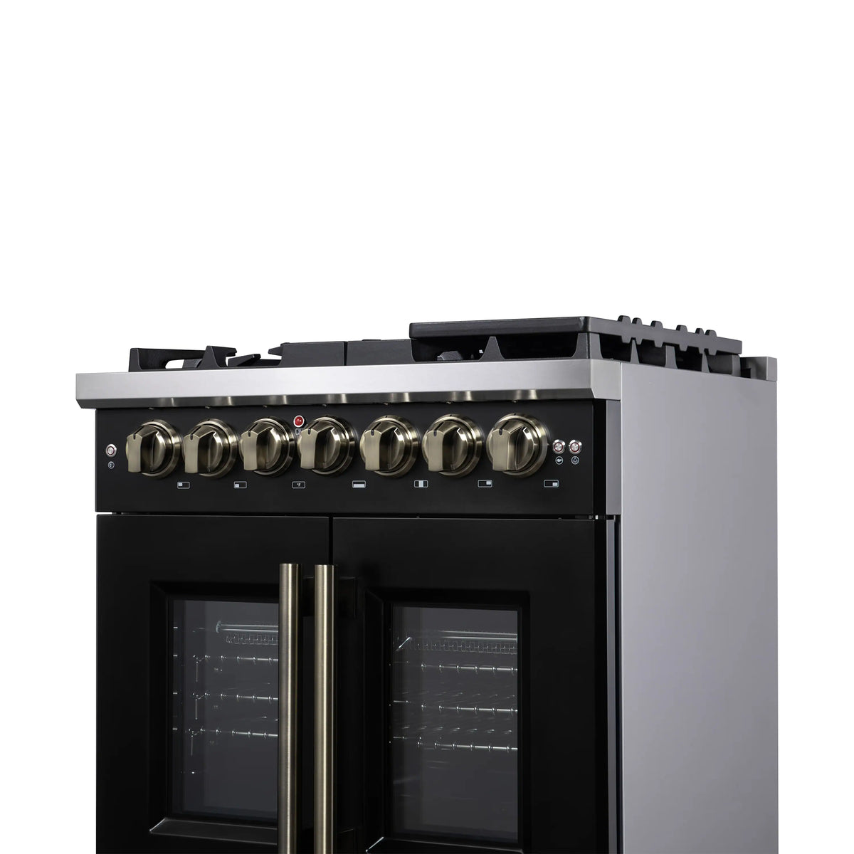 Forno Capriasca 30-Inch Freestanding Dual Fuel Range, French Door Oven, Black with Antique Brass Handle (FFSGS6387-30BLK)