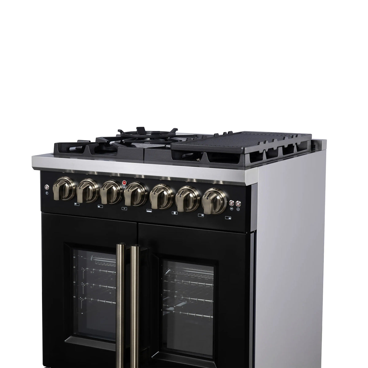 Forno Capriasca 30-Inch Freestanding Dual Fuel Range, French Door Oven, Black with Antique Brass Handle (FFSGS6387-30BLK)