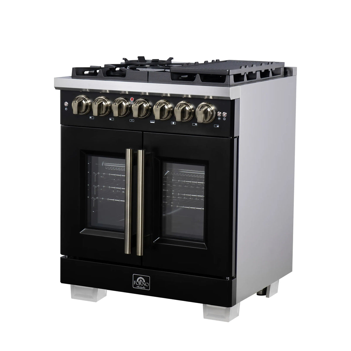 Forno Capriasca 30-Inch Freestanding Dual Fuel Range, French Door Oven, Black with Antique Brass Handle (FFSGS6387-30BLK)