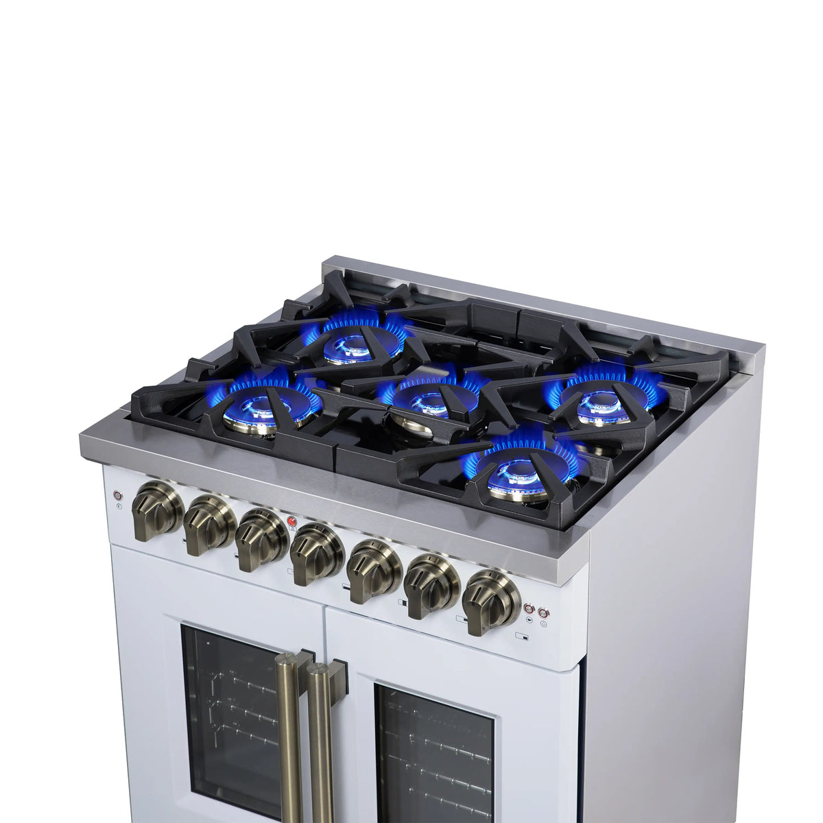 Forno Capriasca 30-Inch Freestanding Dual Fuel Range, French Door Oven, White with Antique Brass Handle (FFSGS6387-30WHT)